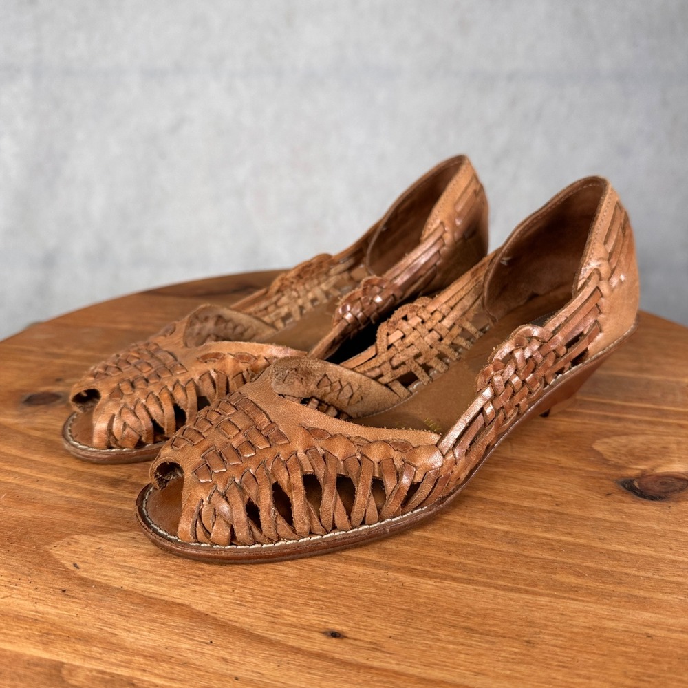 Connie Vintage 1970 Huarache Wedges Women 6M Tan Good Woven Leather Peep Toe